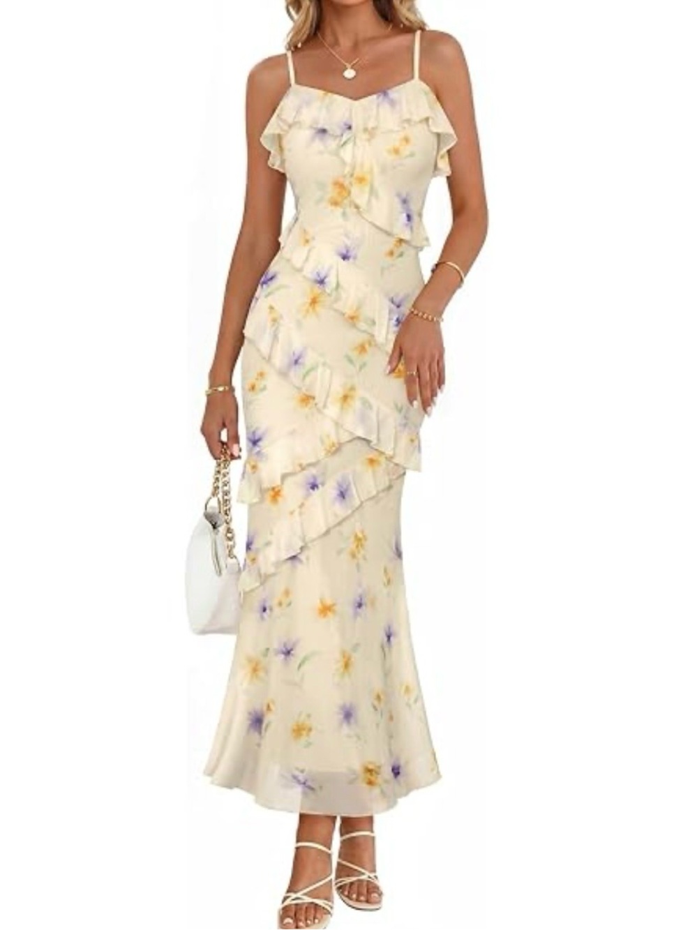 MEROKEETY Cream Slip Dress with Floral Print and Ruffle Detail Size Medium 8-10 - Picture 2 of 9